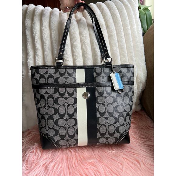 Vintage Coach Heritage Chelsea Signature Tote with Stripe in Grey, Black & Blue - Picture 1 of 11